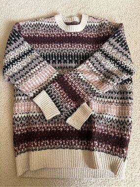 Hollister Striped Crewneck Sweater in Burgundy, Cream, and Black